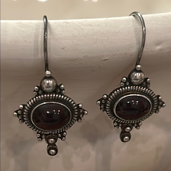 Jewelry - Sterling Silver and Garnet Dangle Earrings, Bali Design